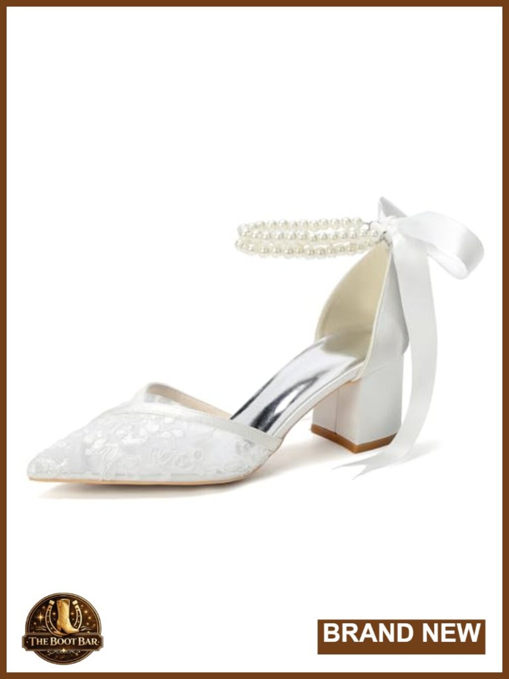Lace Bridal Block Heel Pumps Pearl Ankle Strap White Ivory